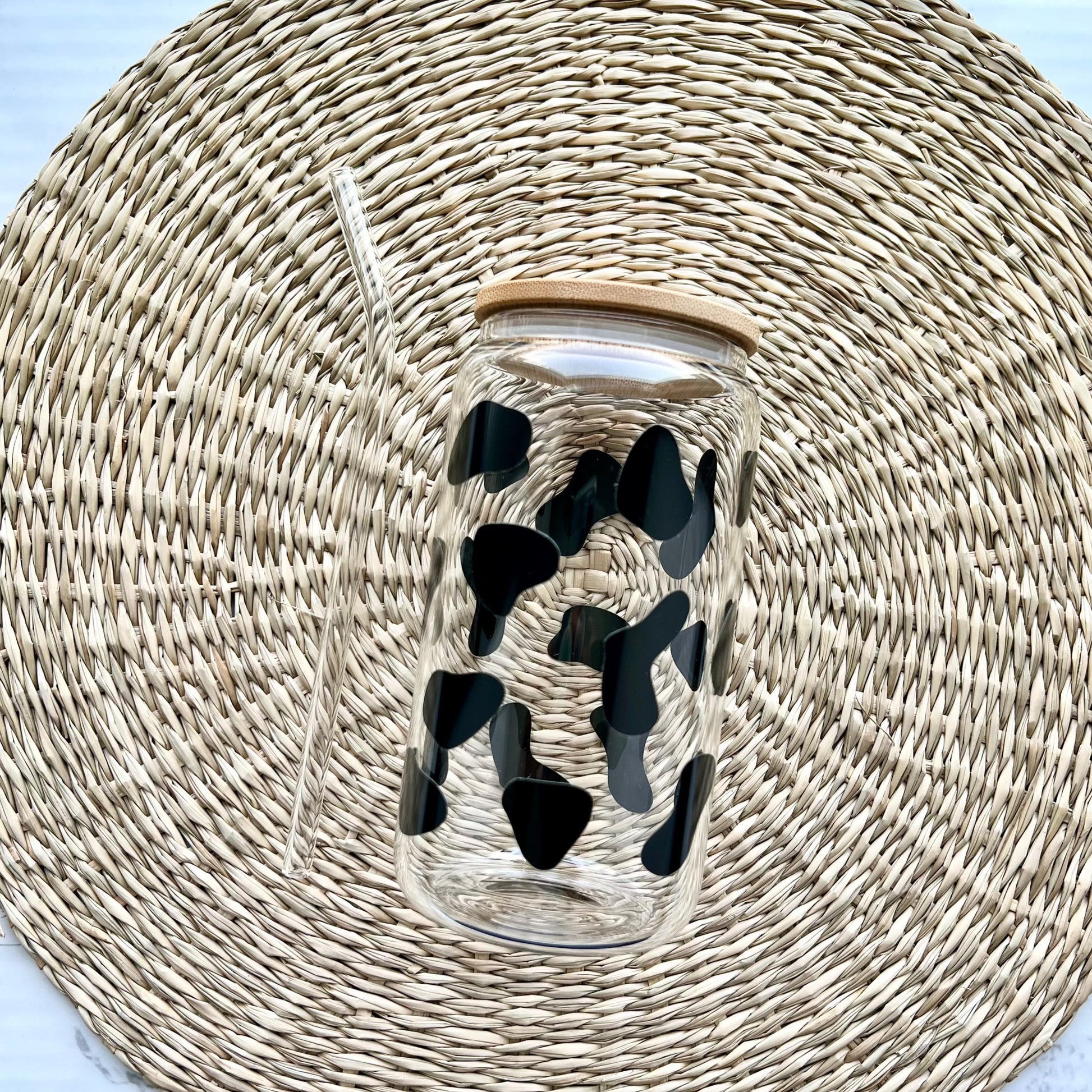 Black Cow Print Pattern 16 oz Glass Can Cup