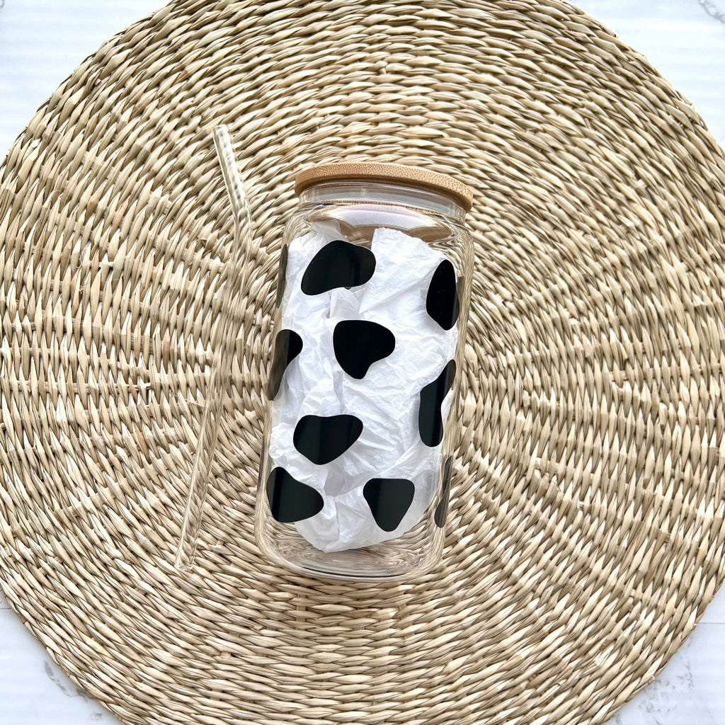 Black Cow Print Pattern 16 oz Glass Can Cup