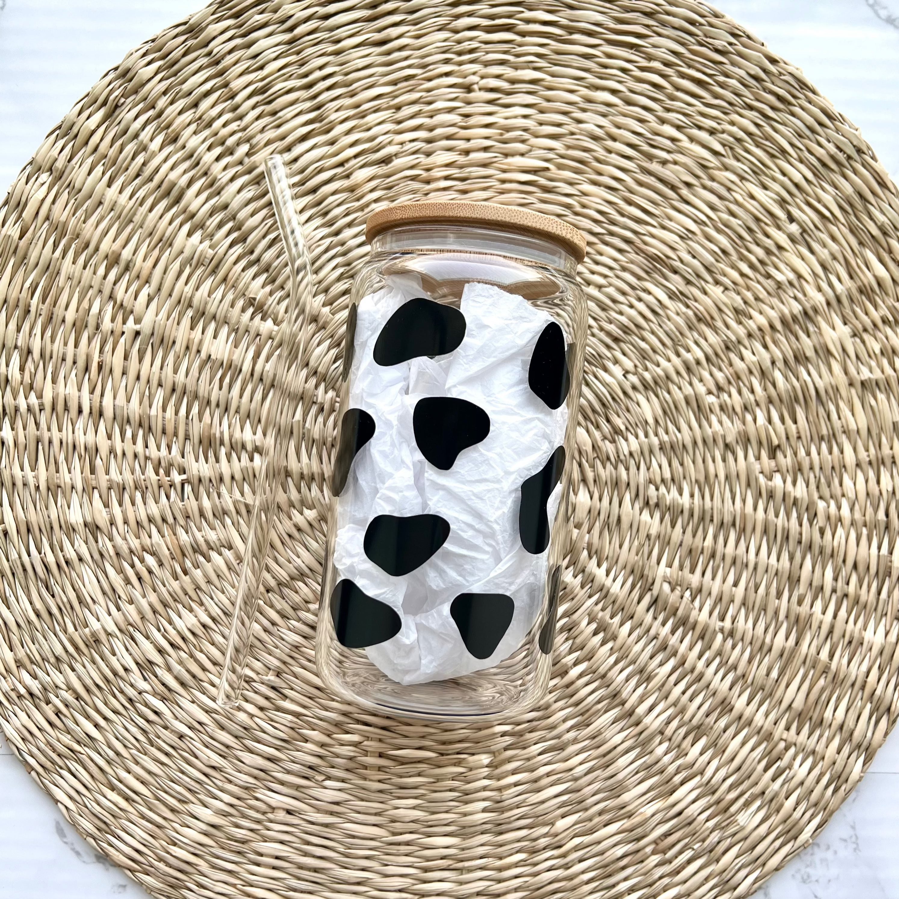 Black Cow Print Pattern 16 oz Glass Can Cup