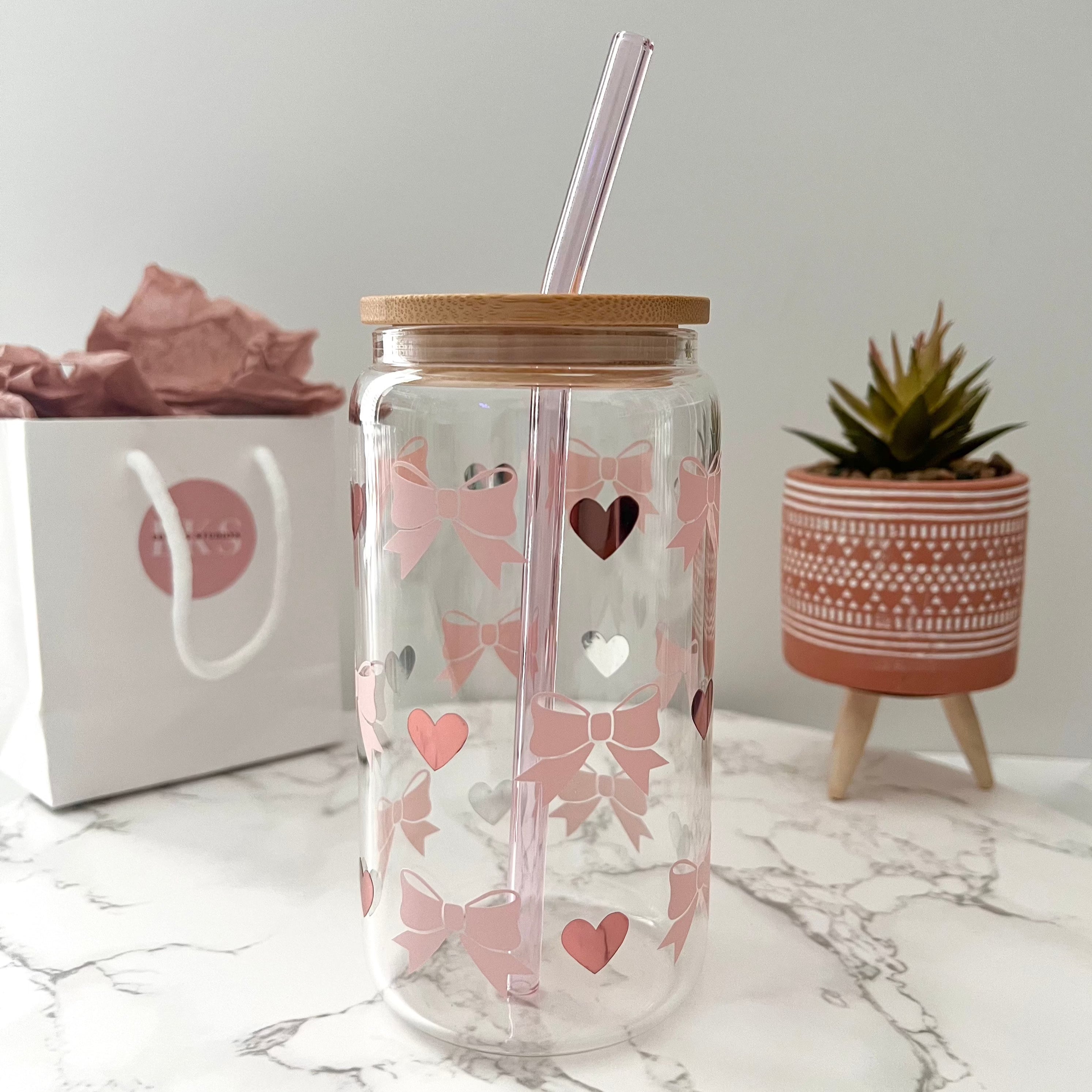 Pink Bows And Rose Gold Hearts 16 oz Glass Can Cup