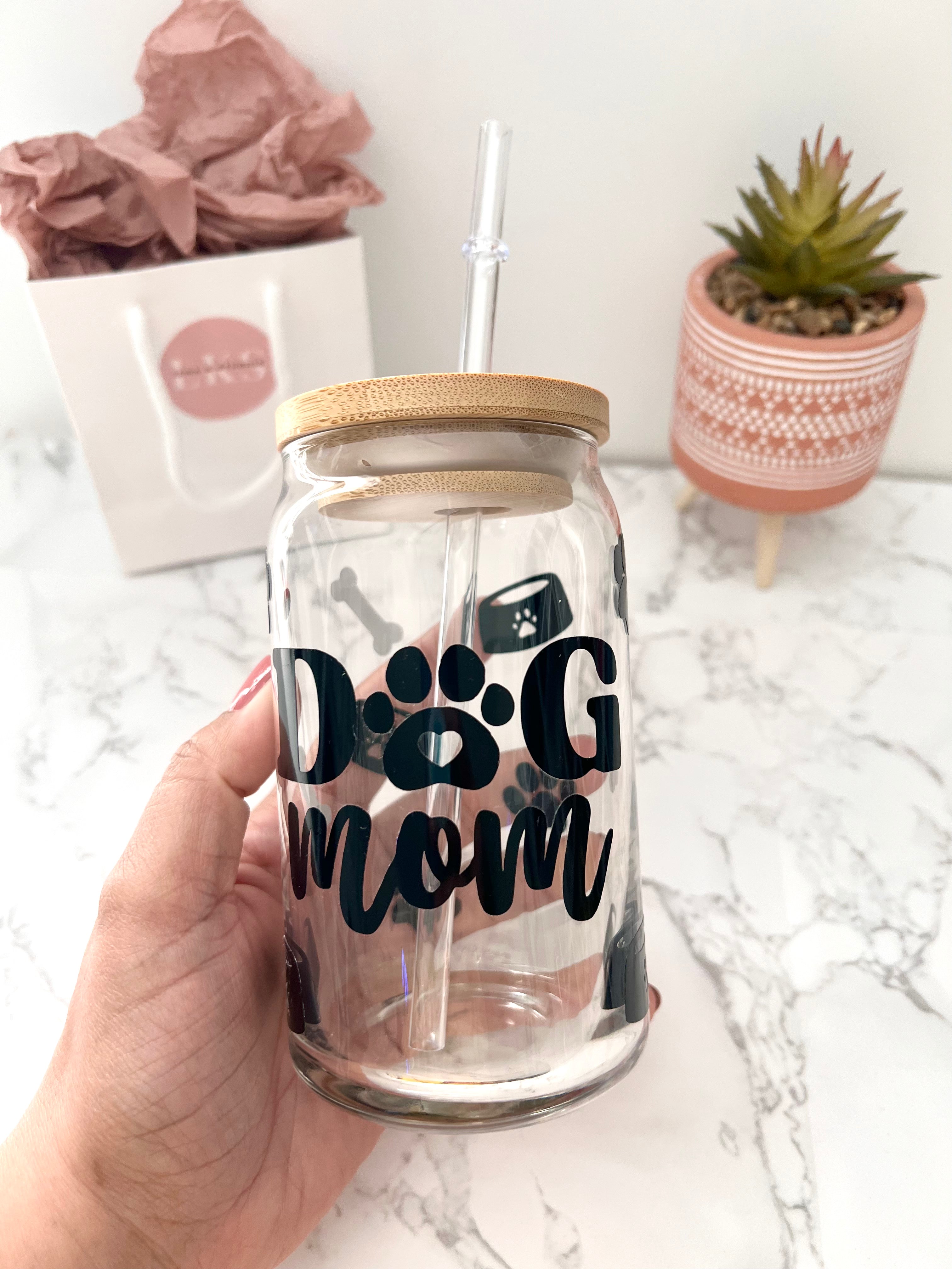 Dog Mom 16 oz Glass Can Cup