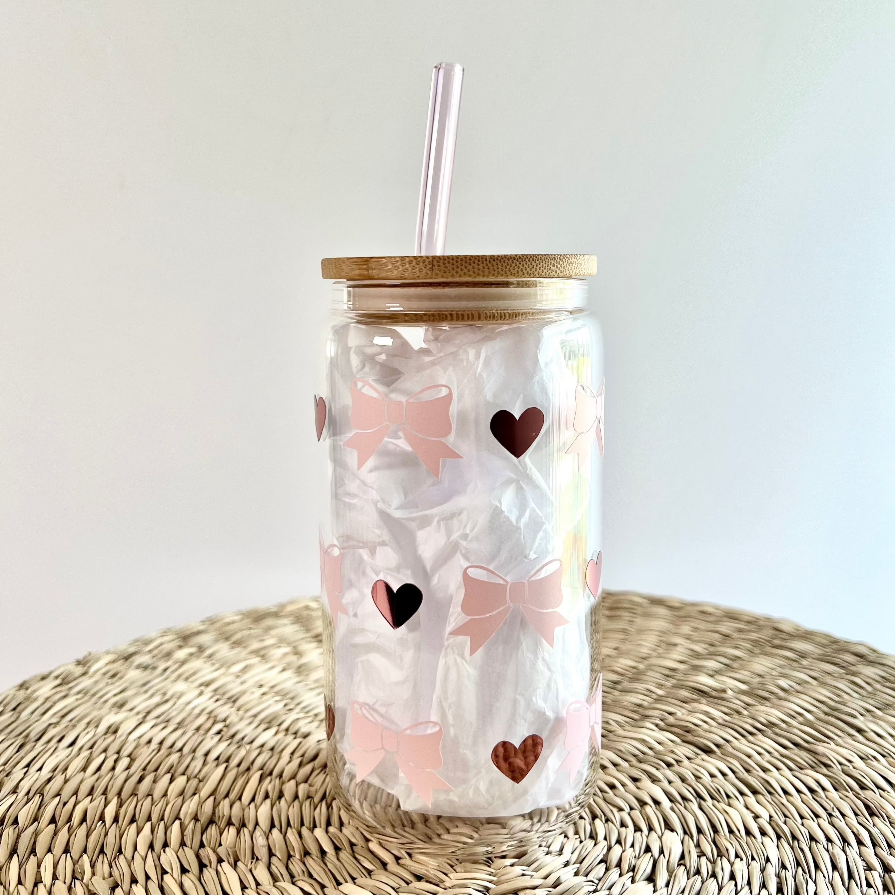 Pink Bows And Rose Gold Hearts 16 oz Glass Can Cup