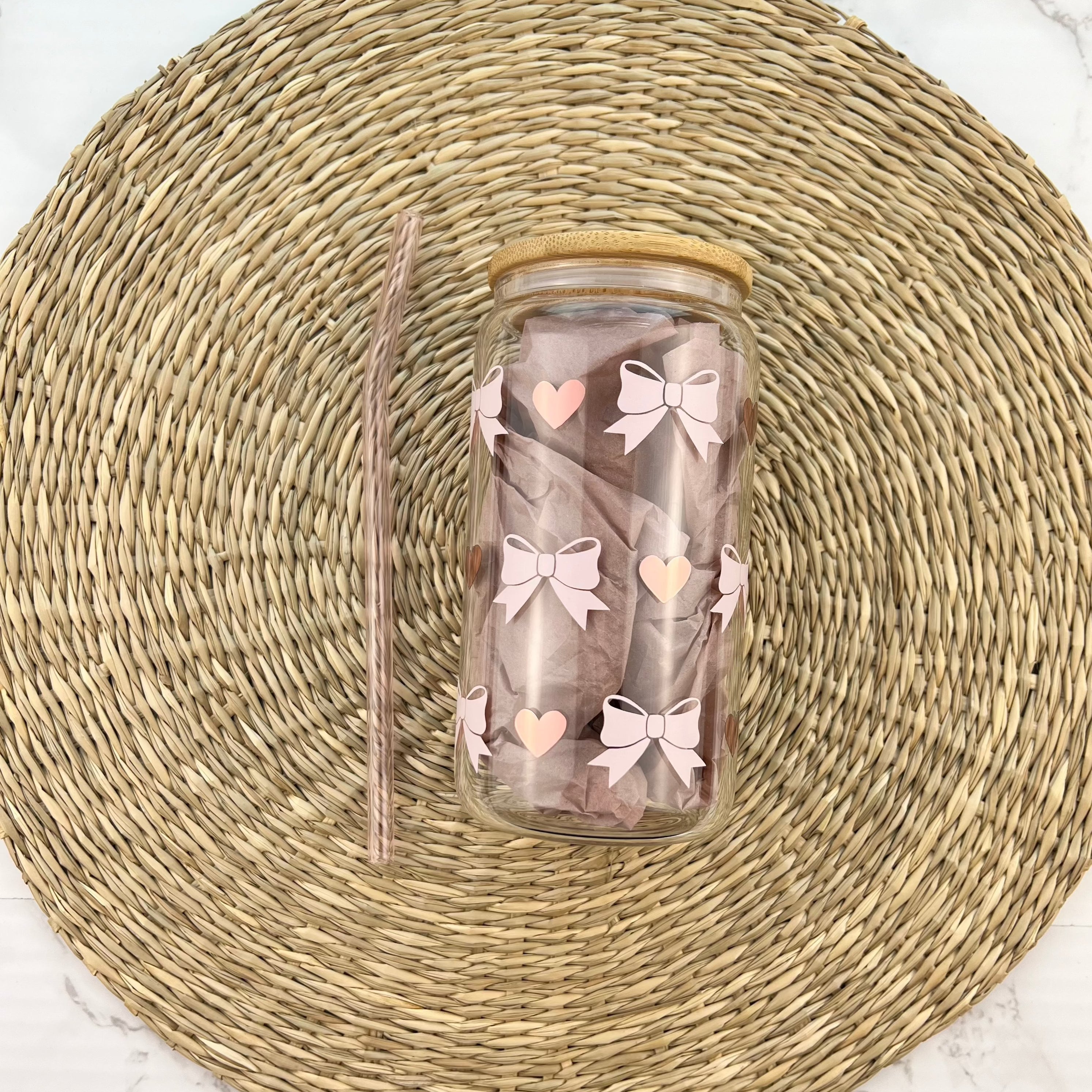 Pink Bows And Rose Gold Hearts 16 oz Glass Can Cup