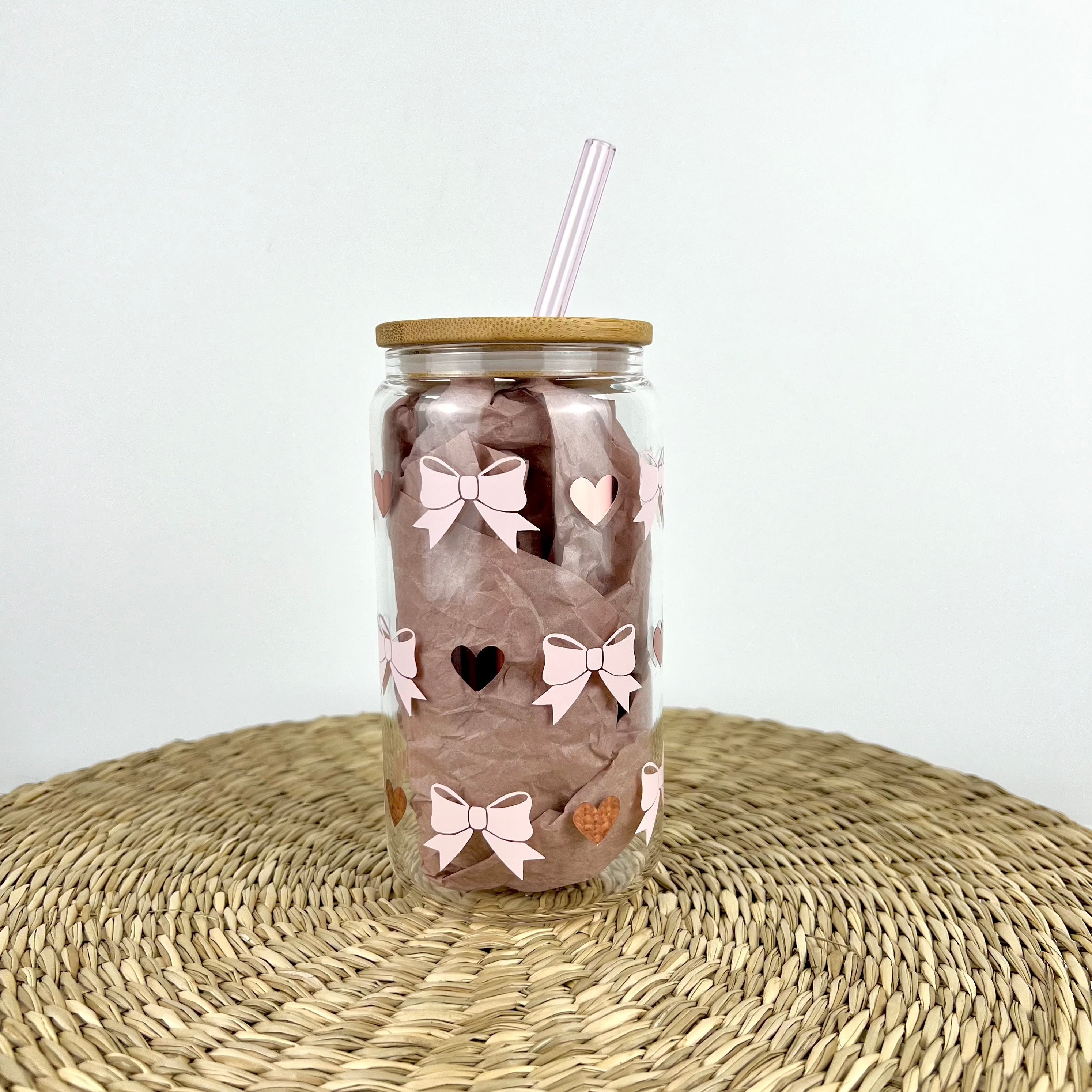 Pink Bows And Rose Gold Hearts 16 oz Glass Can Cup