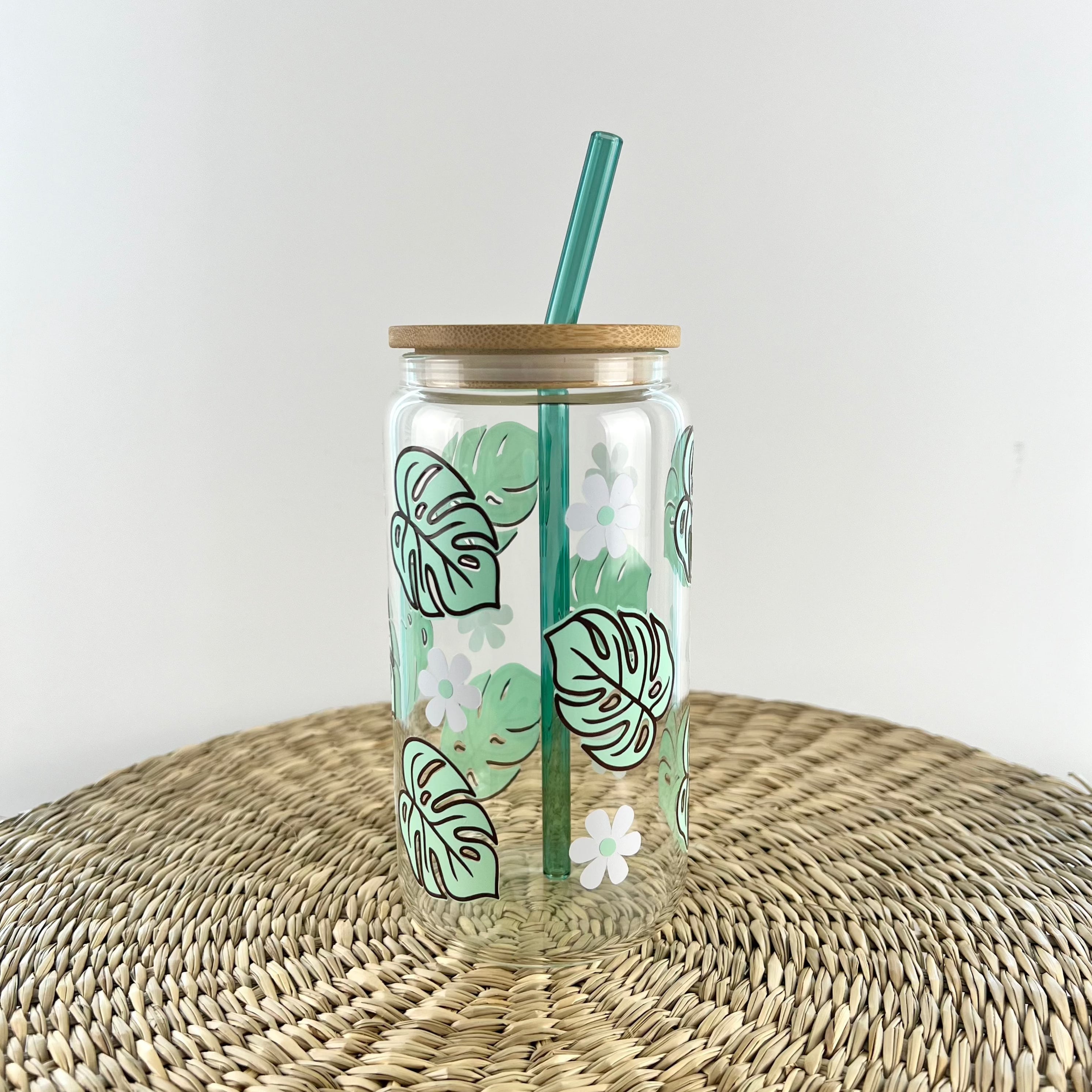 Monstera And Daisies 16 oz Glass Can Cup