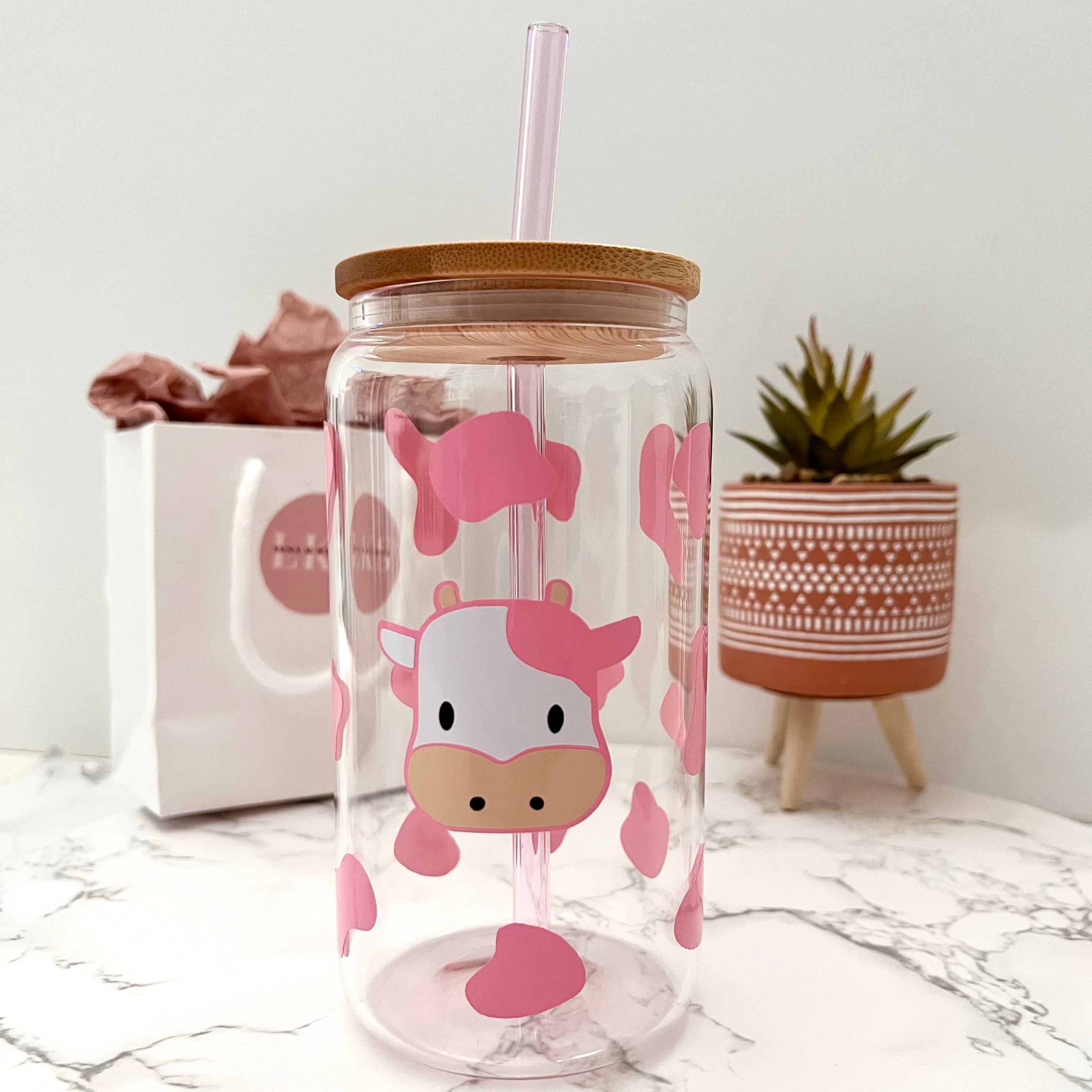 Pink Cow Print 16 oz Glass Can Cup