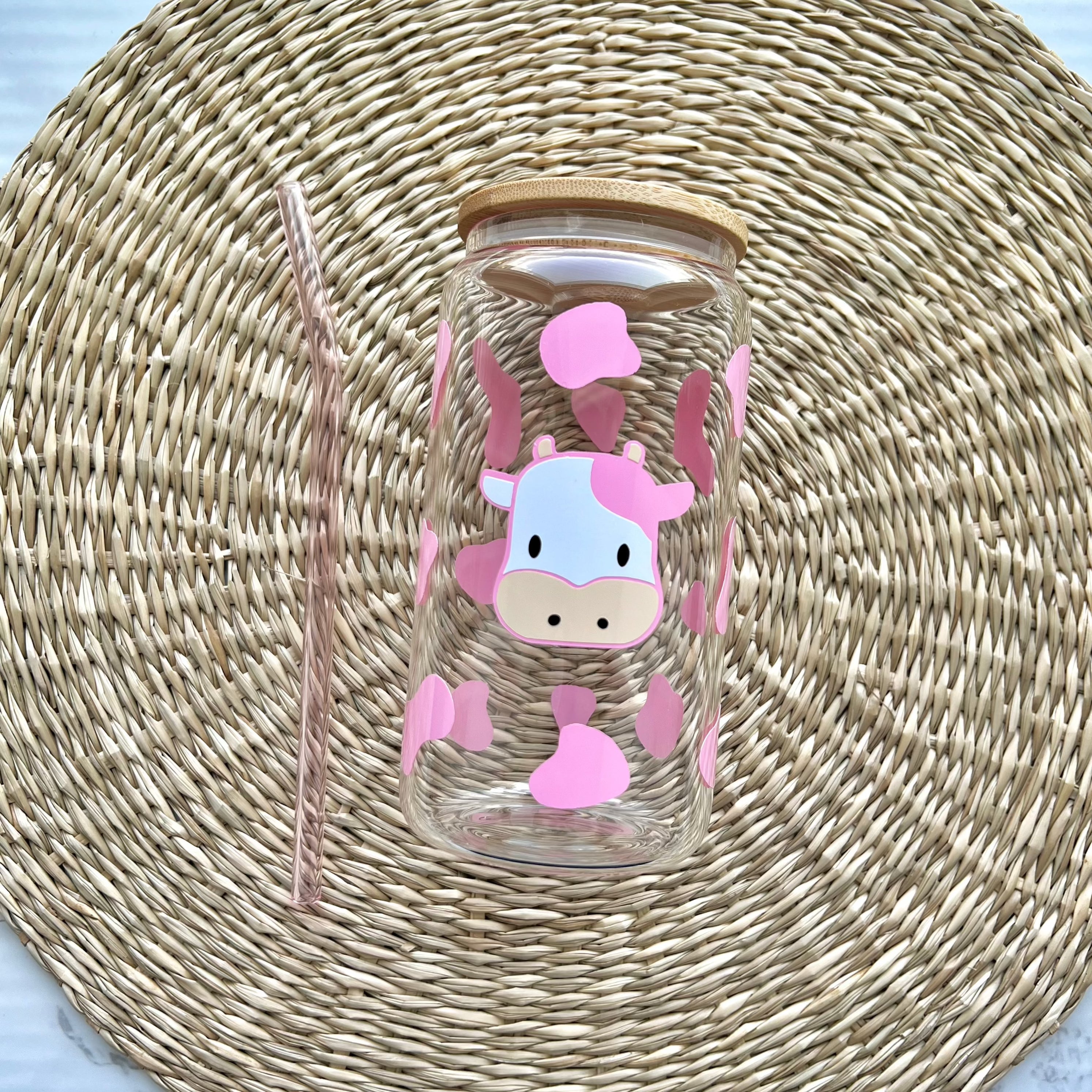 Pink Cow Print 16 oz Glass Can Cup