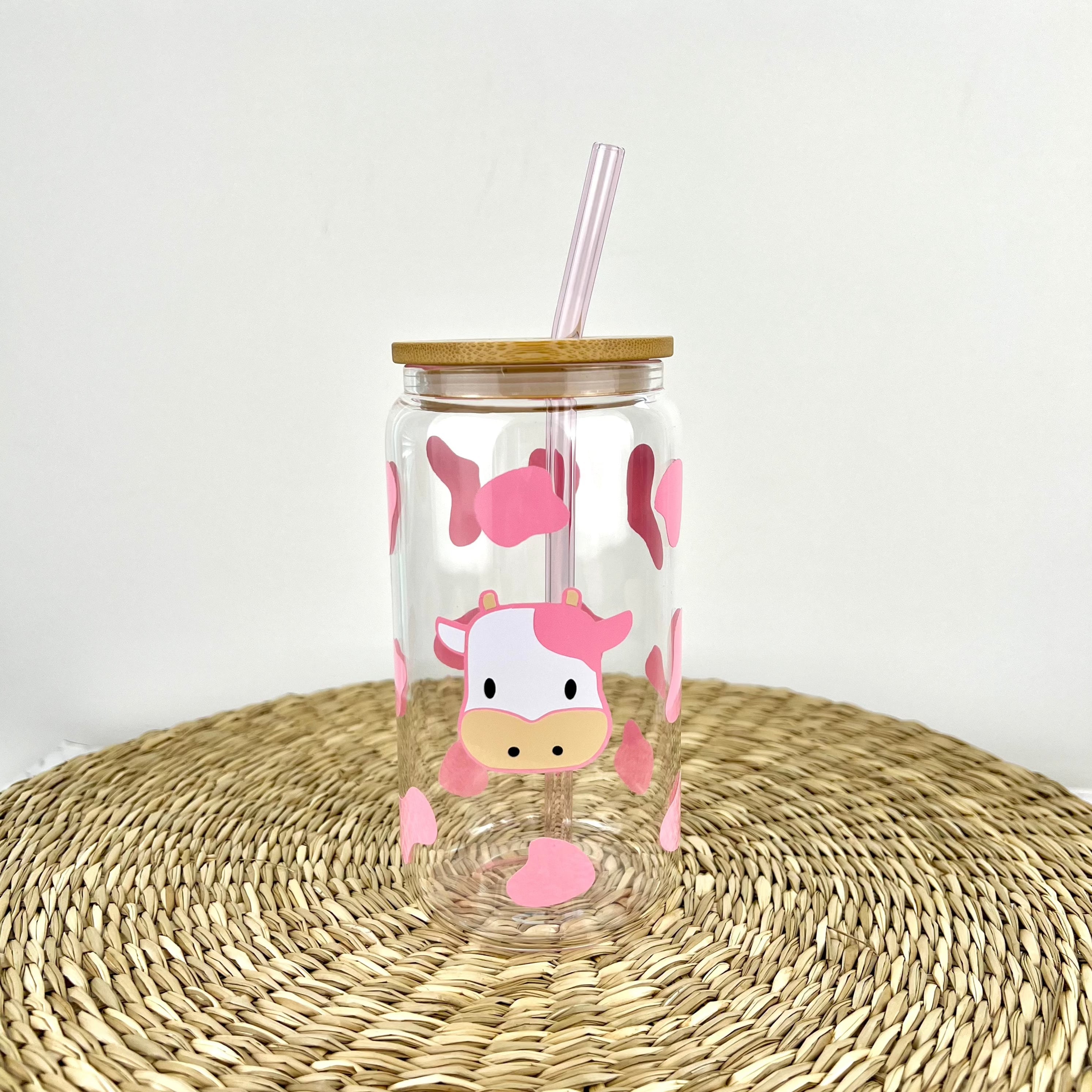 Pink Cow Print 16 oz Glass Can Cup